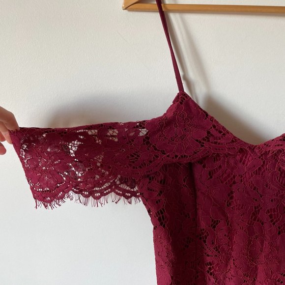 Boohoo Lace Open Shoulder Midi Dress Red Burgundy Sz 4 - Picture 6 of 11